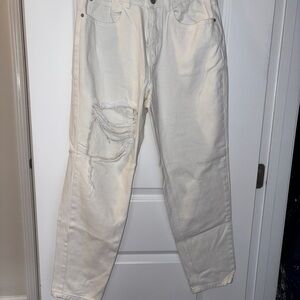 White Straight Leg Riot Jeans with Distressed Details in Right Leg Size: 8R